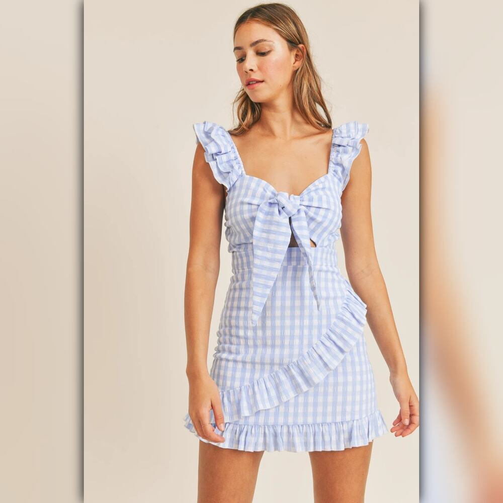 A151 • Sky Blue Gingham Ruffle Tie Front Mini Dress